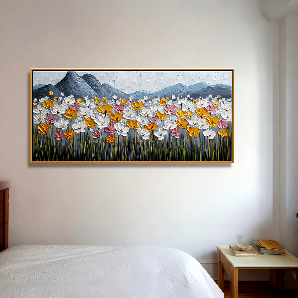 Meadowlight Peaks Textured Floral Landscape Canvas Wall Art#AB14265