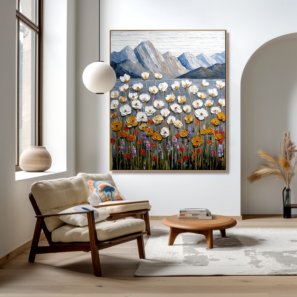 Stillness in Bloom Textured Floral Mountain Landscape Canvas Art#AB14266