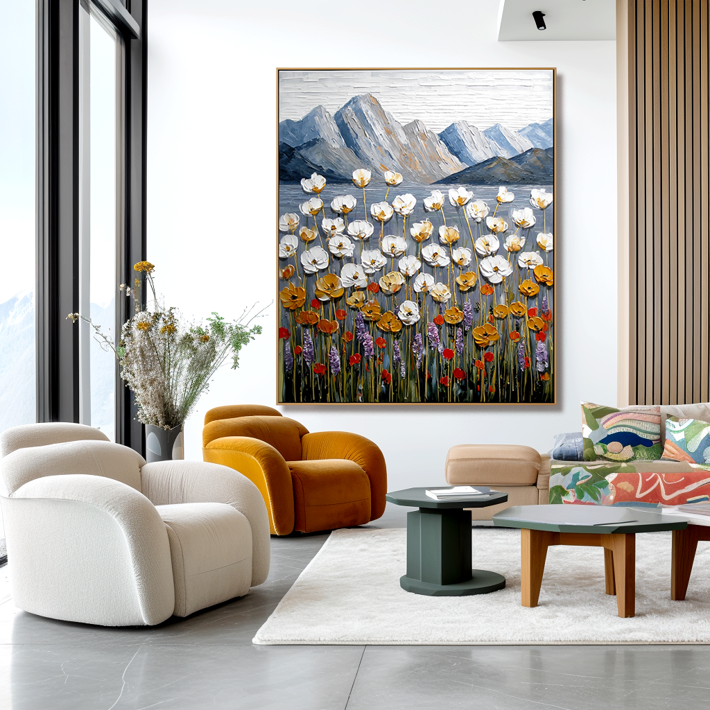 Stillness in Bloom Textured Floral Mountain Landscape Canvas Art#AB14266