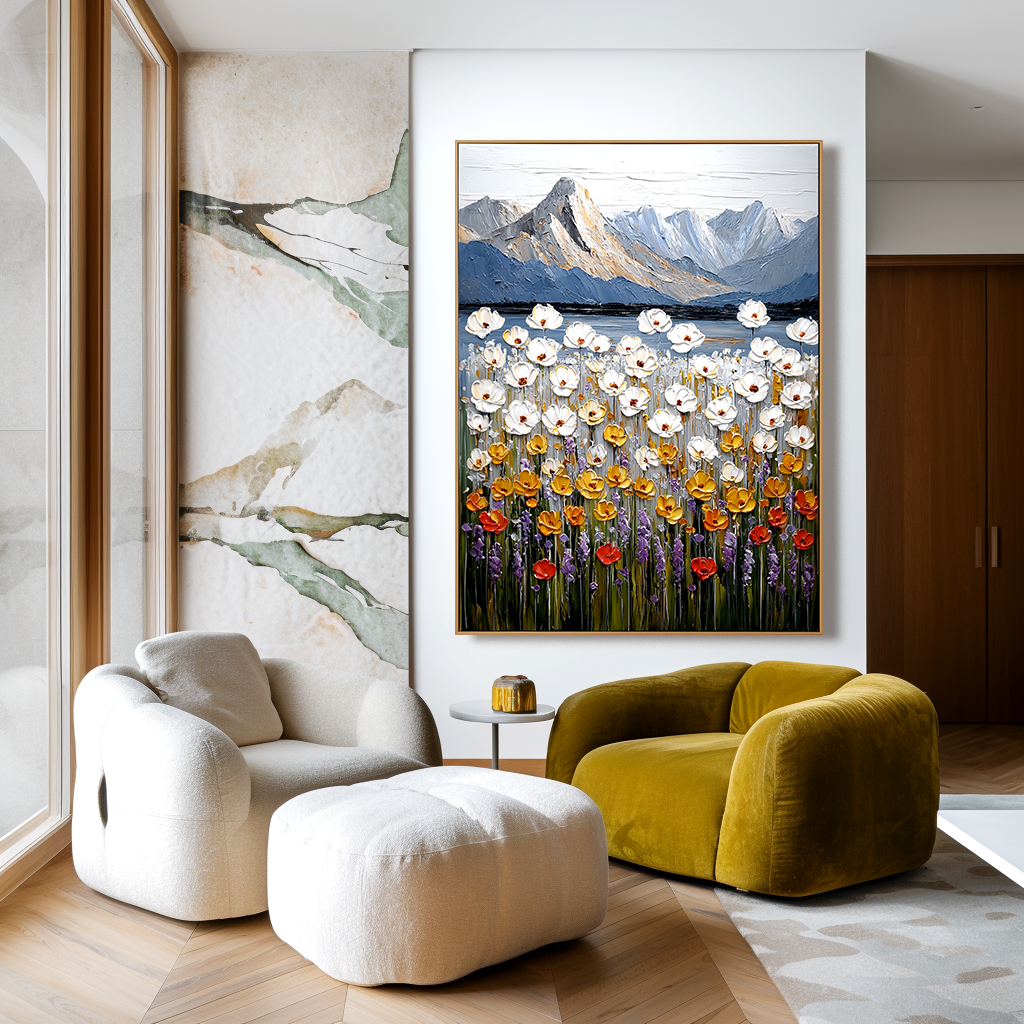 Echoes of the Meadow Textured Floral Mountain Landscape Canvas Wall Art#AB14267