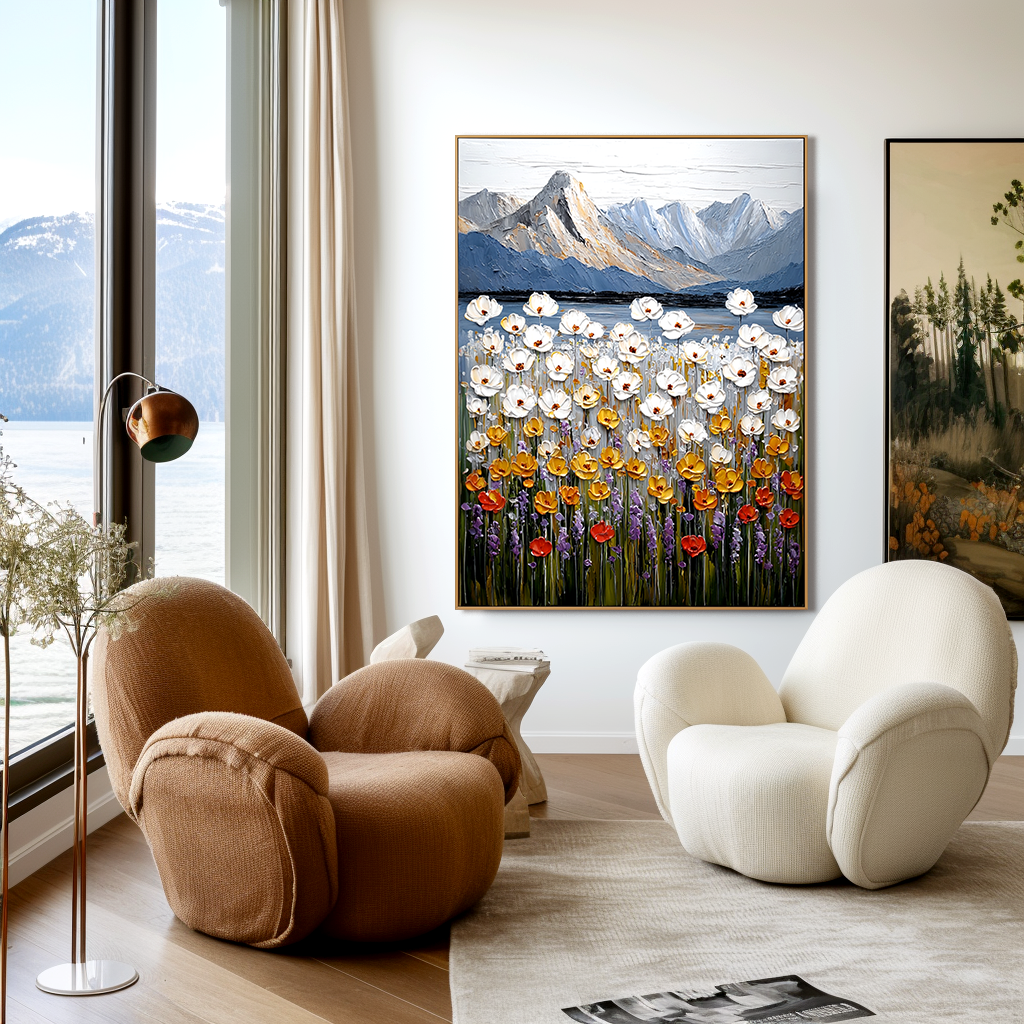 Echoes of the Meadow Textured Floral Mountain Landscape Canvas Wall Art#AB14267