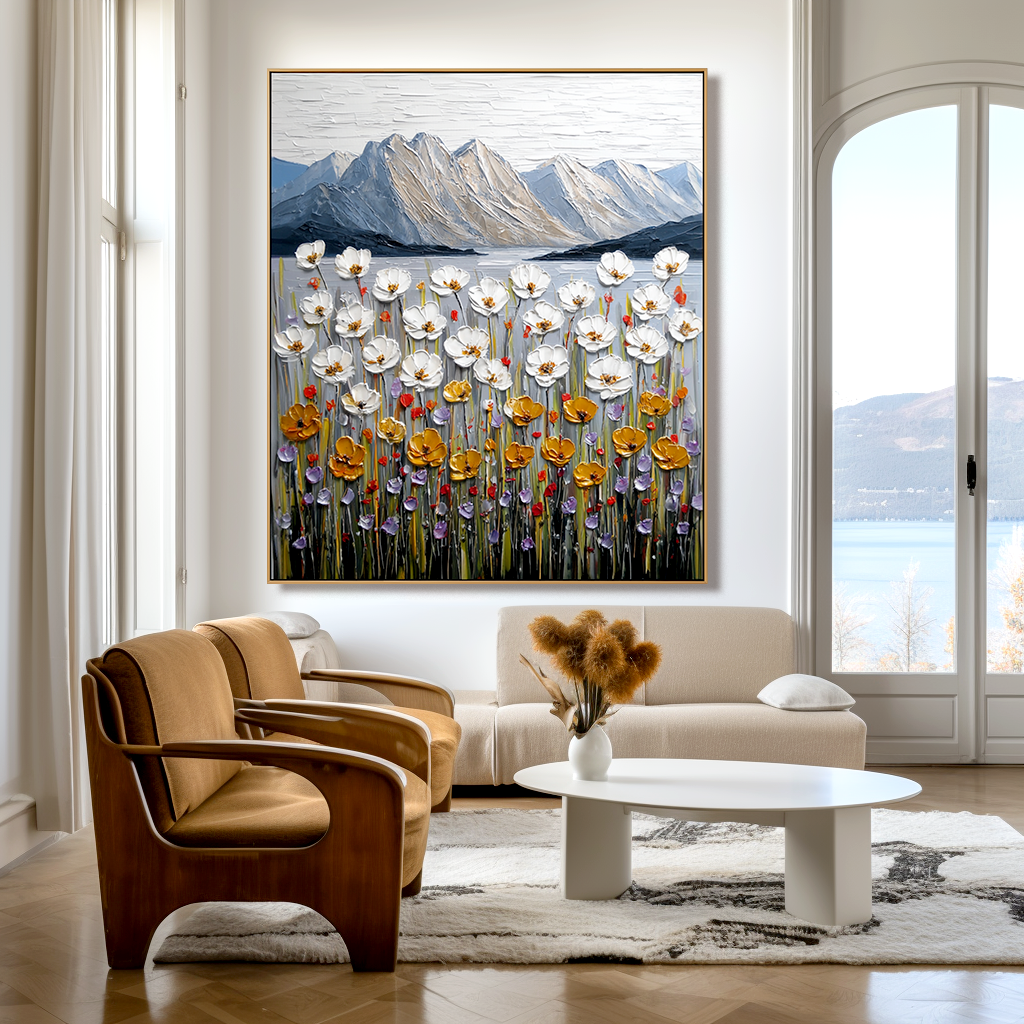 Where the Wildflowers Rise Textured Floral Mountain Landscape Canvas Wall Art#AB14268