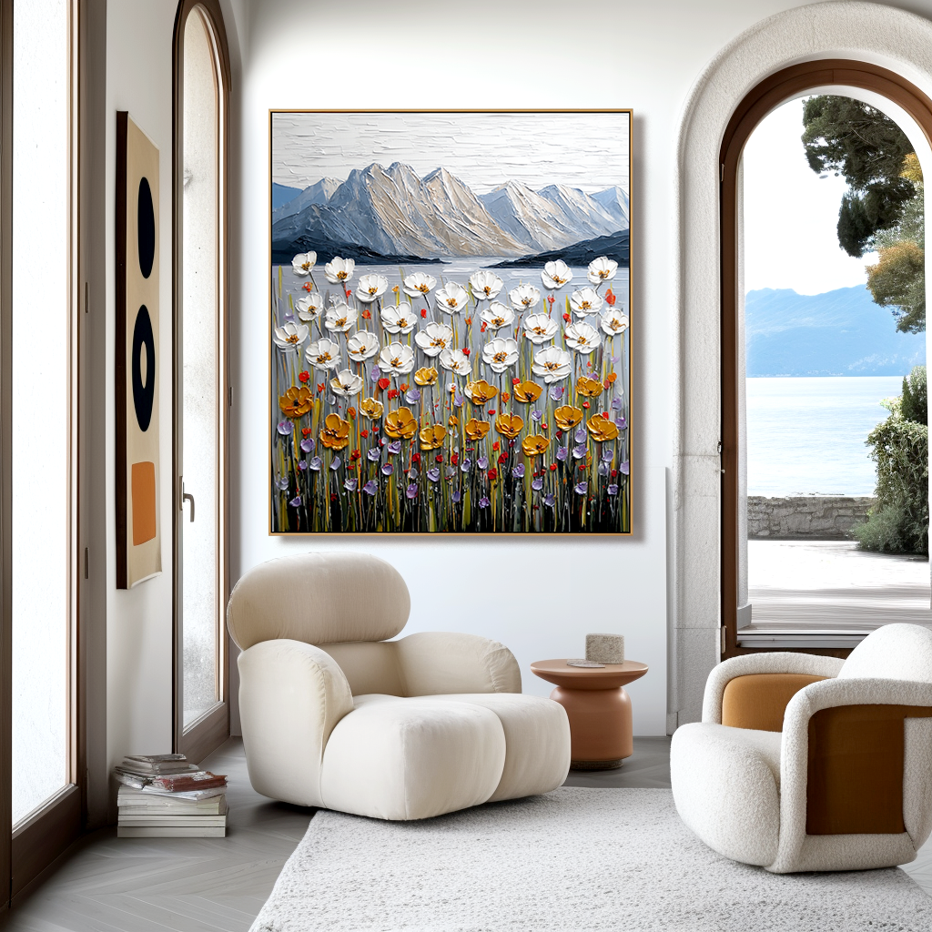 Where the Wildflowers Rise Textured Floral Mountain Landscape Canvas Wall Art#AB14268