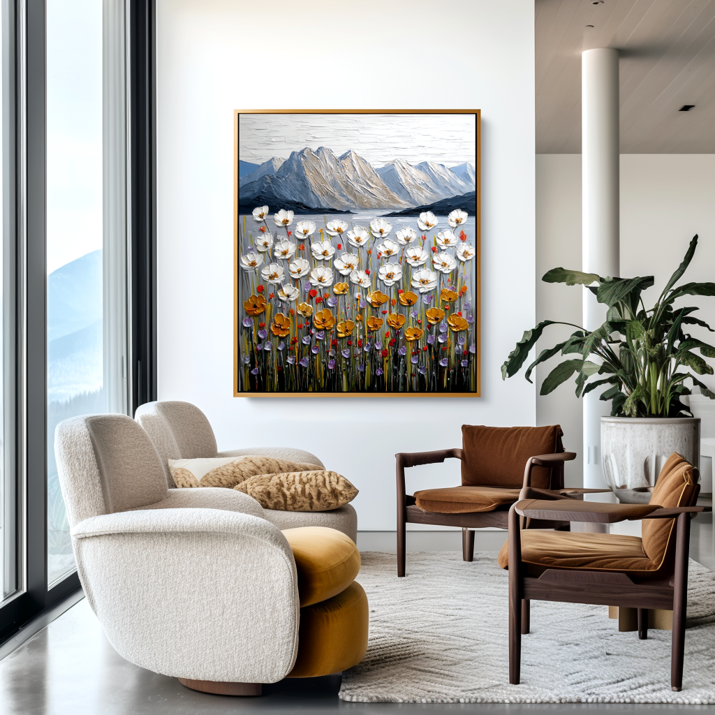 Where the Wildflowers Rise Textured Floral Mountain Landscape Canvas Wall Art#AB14268