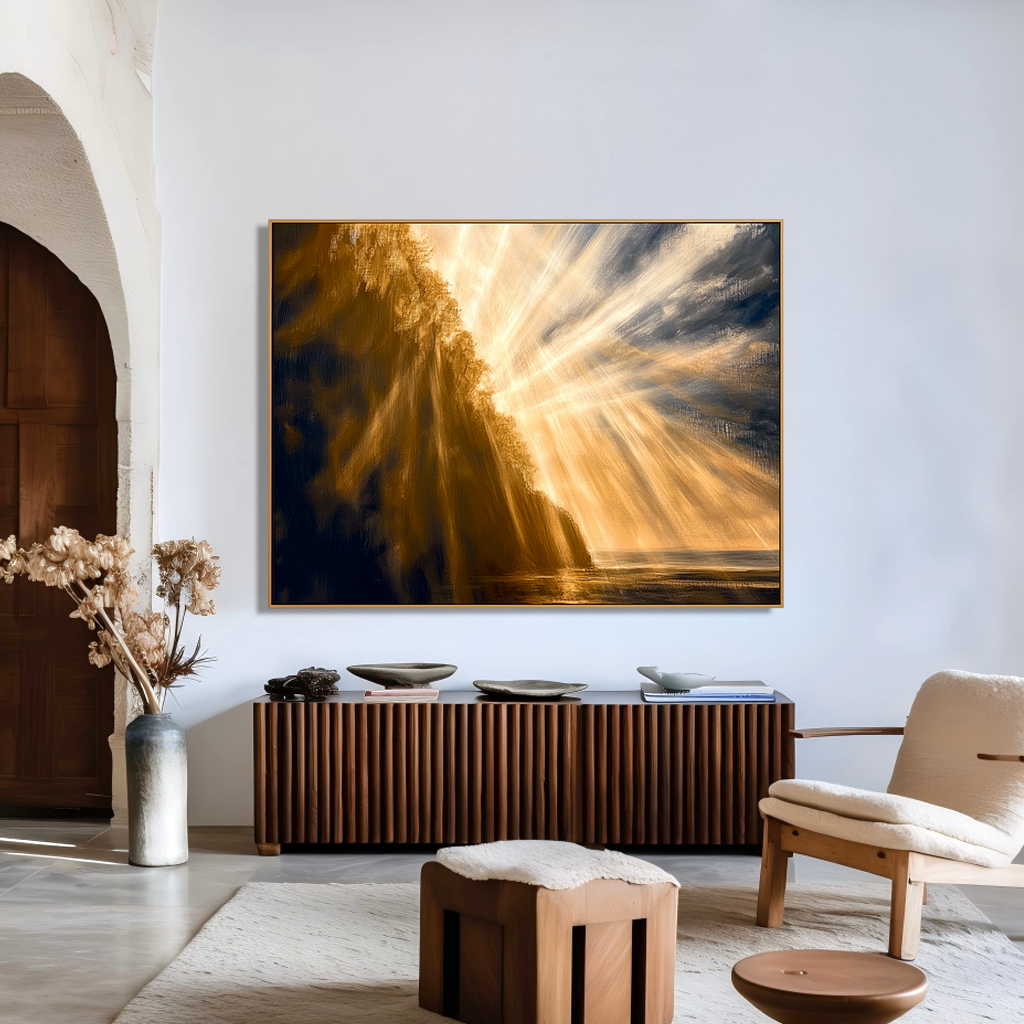 Golden Radiance – Dramatic Sunlight Landscape Oil Painting Canvas#wp260129