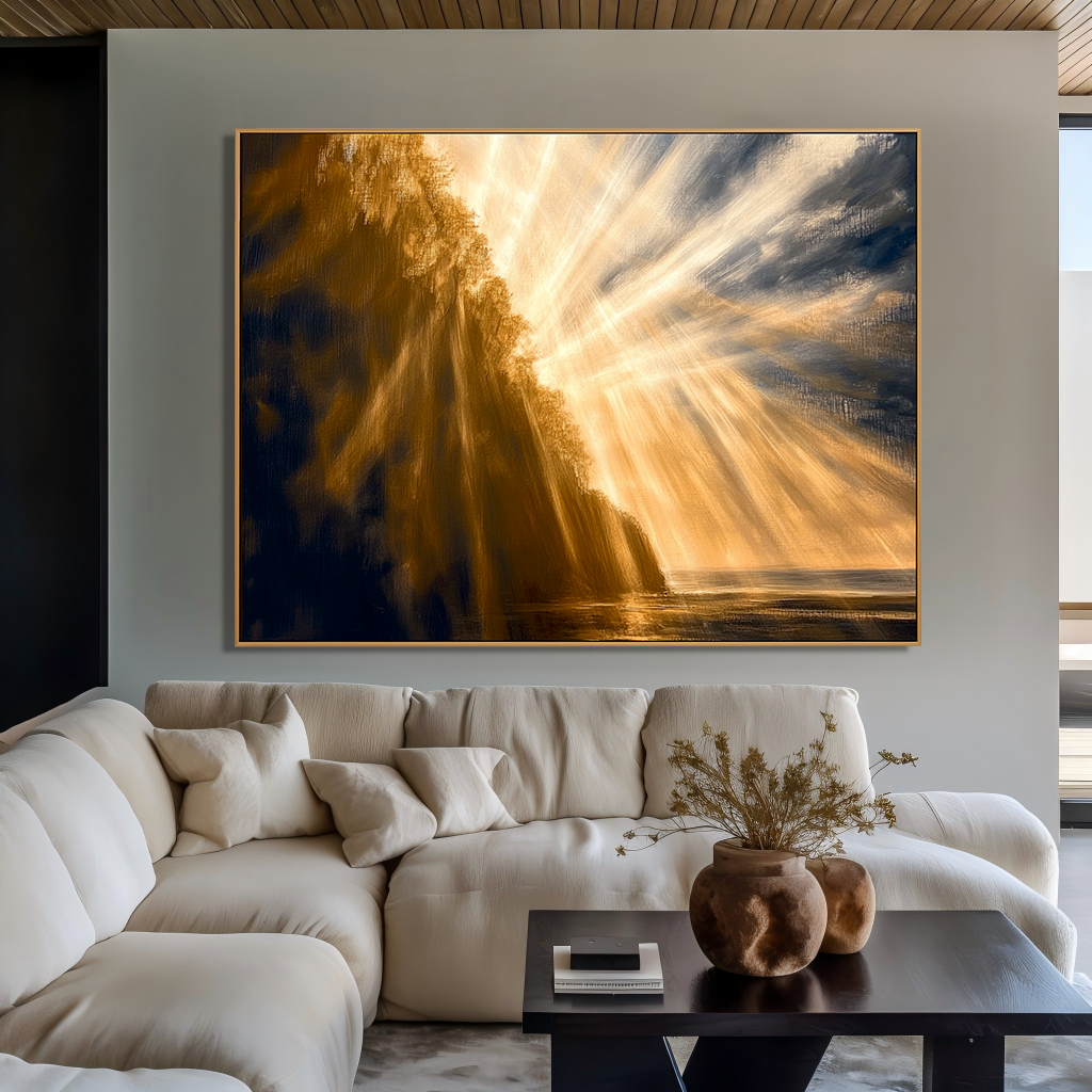 Golden Radiance – Dramatic Sunlight Landscape Oil Painting Canvas#wp260129