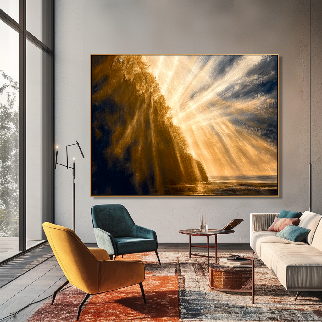Golden Radiance – Dramatic Sunlight Landscape Oil Painting Canvas#wp260129