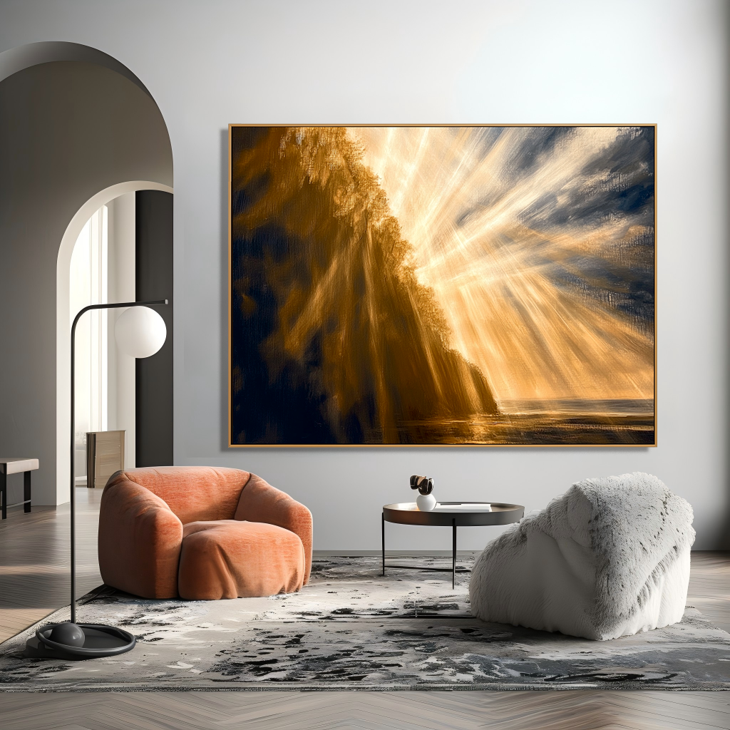 Golden Radiance – Dramatic Sunlight Landscape Oil Painting Canvas#wp260129
