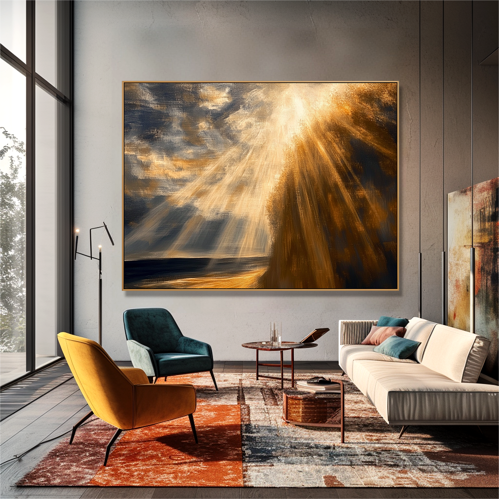 Heavenly Light – Golden Sun Rays Landscape Oil Painting#wp260130