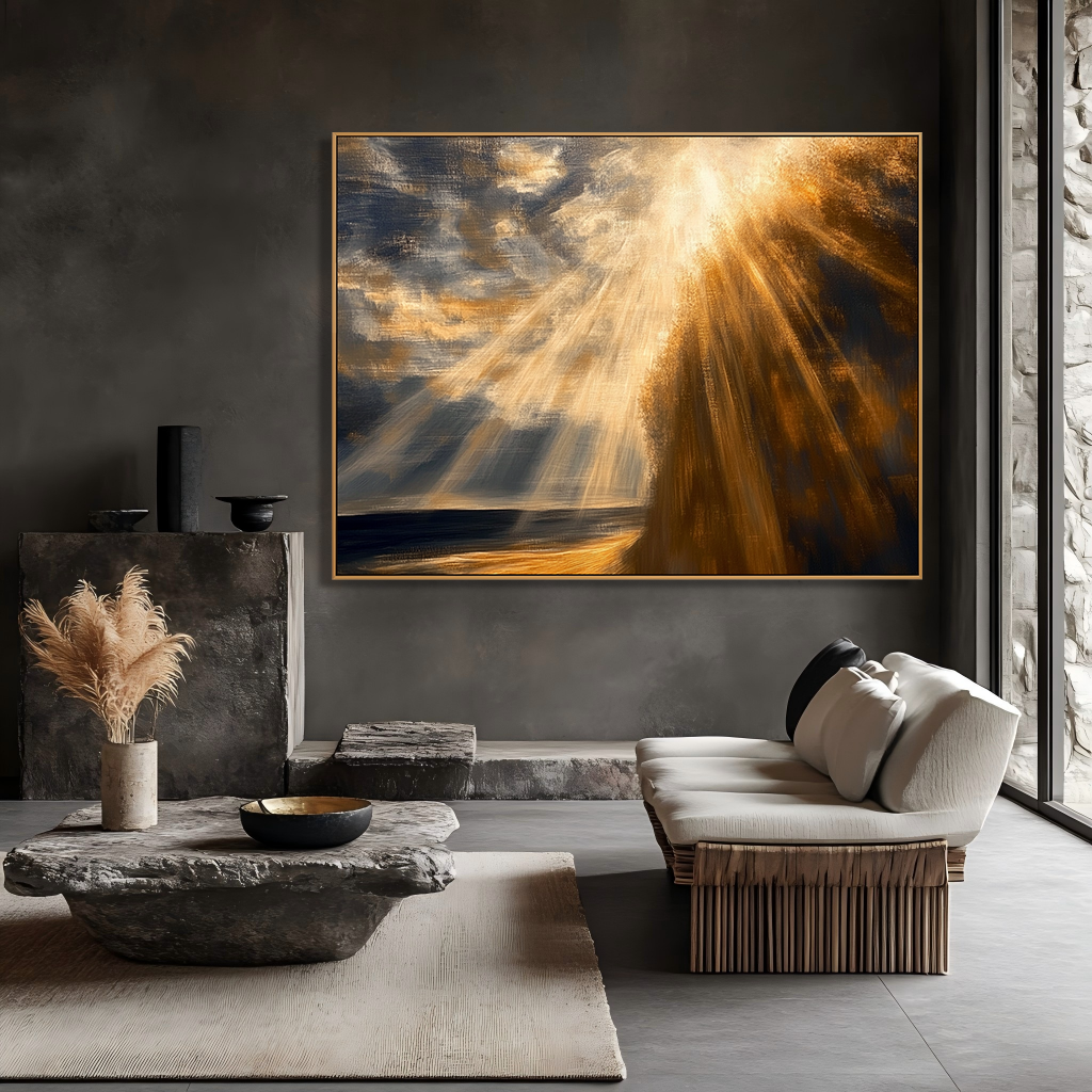 Heavenly Light – Golden Sun Rays Landscape Oil Painting#wp260130