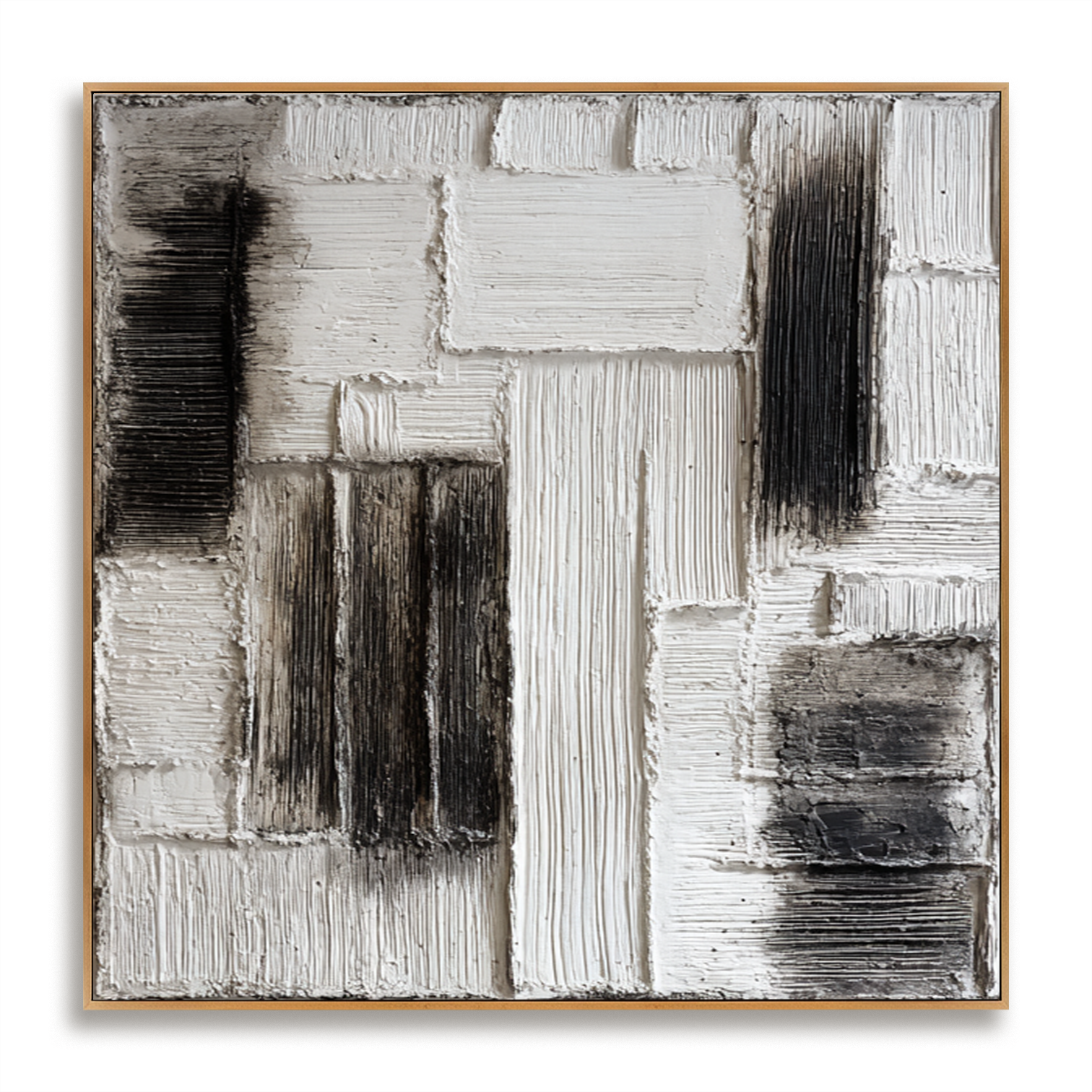 Layered Interval – Hand-Painted Black & White Textured Abstract Wall Art#AB14182