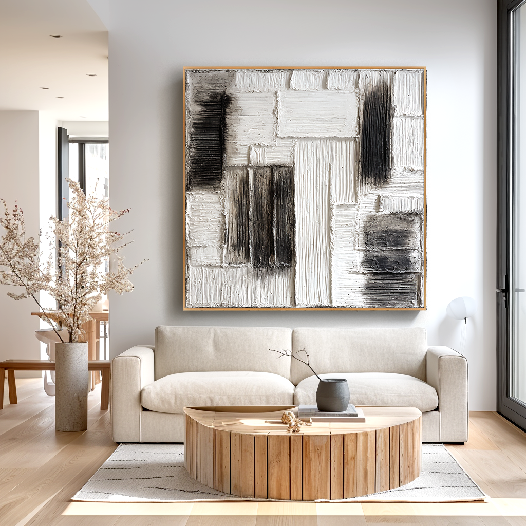 Layered Interval – Hand-Painted Black & White Textured Abstract Wall Art#AB14182