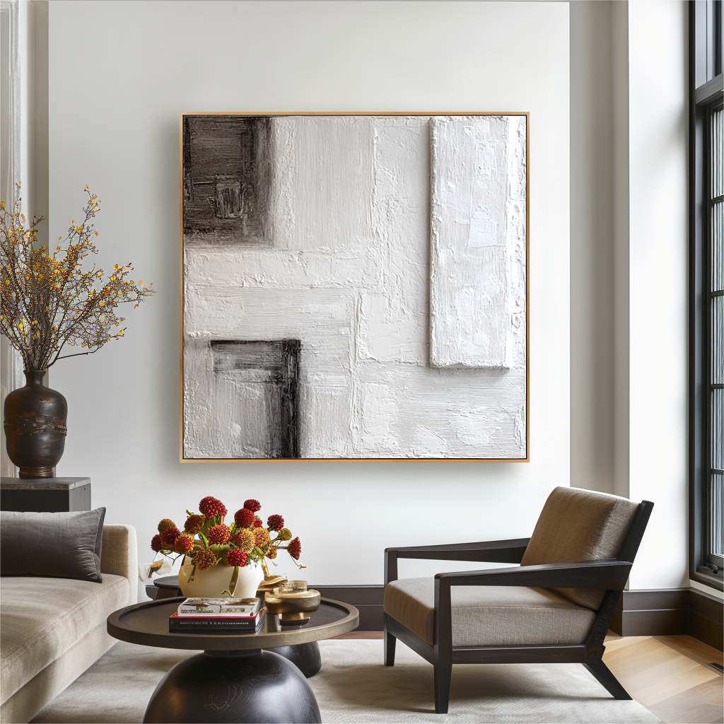 Measured Silence – Hand-Painted White Textured Abstract Wall Art#AB14180