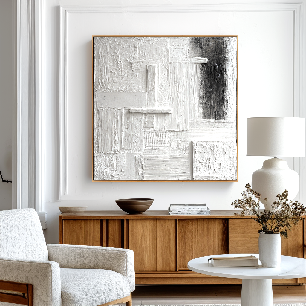 Quiet Geometry – Hand-Painted White Textured Abstract Wall Art#AB14174