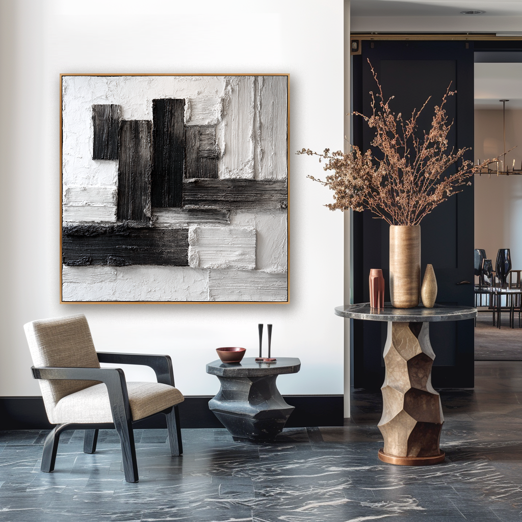 Monolithic Balance – Hand-Painted Black & White Textured Abstract Wall Art#AB14179