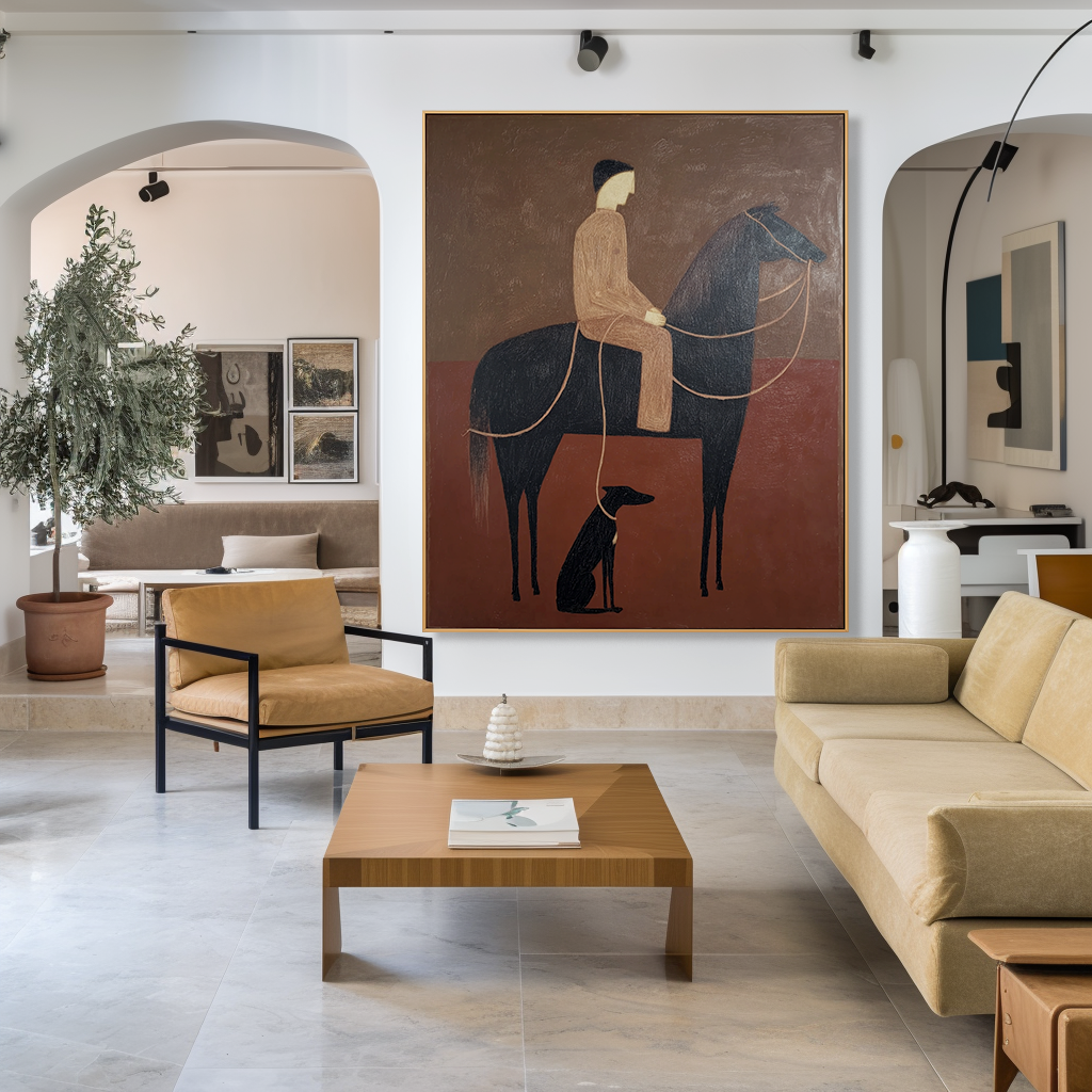 Quiet Companionship – Minimalist Figurative Horse & Dog Oil Painting#AB14330