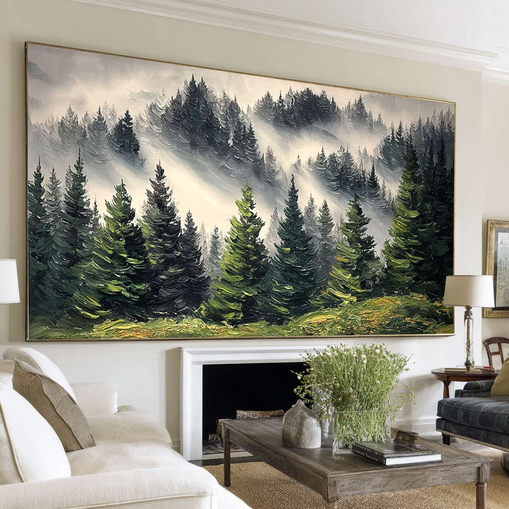 Whispers of the Wilderness – Large Misty Forest Painting#AB14305