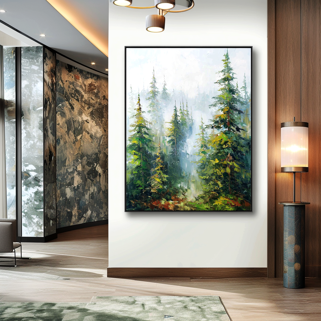 Silent Forest – Textured Pine Landscape Oil Painting#AB14309