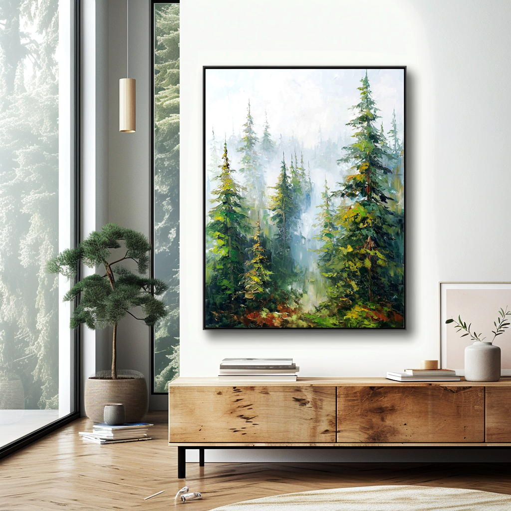 Silent Forest – Textured Pine Landscape Oil Painting#AB14309