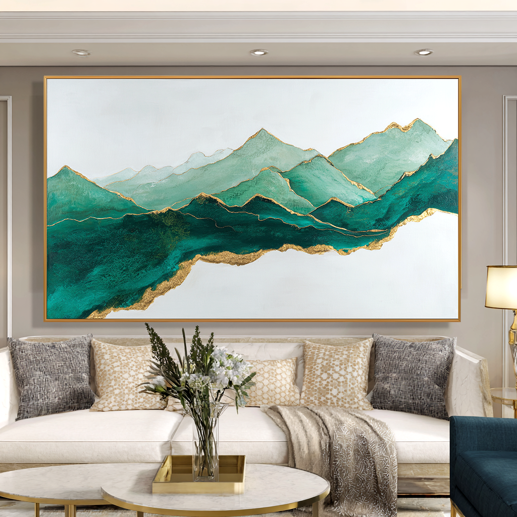 Emerald Horizon – Panoramic Textured Mountain Oil Painting#AB14311