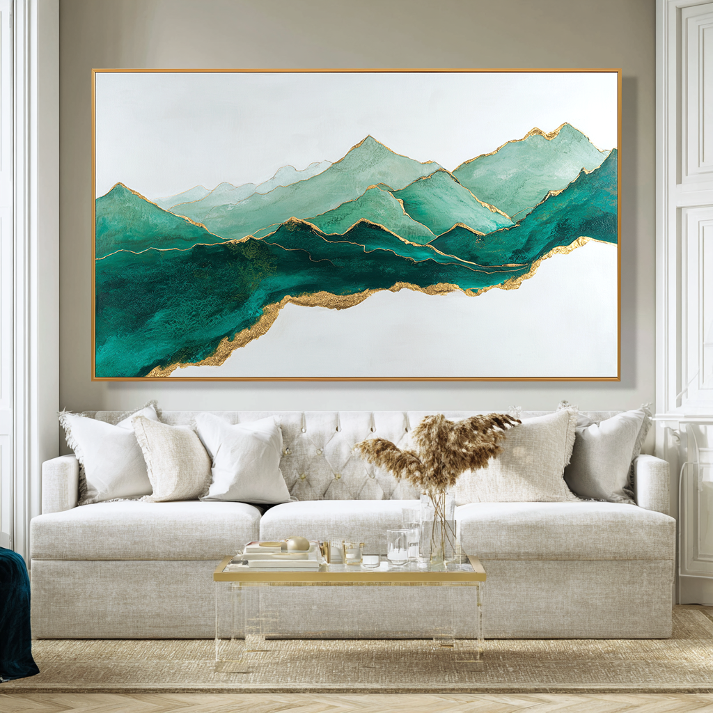 Emerald Horizon – Panoramic Textured Mountain Oil Painting#AB14311