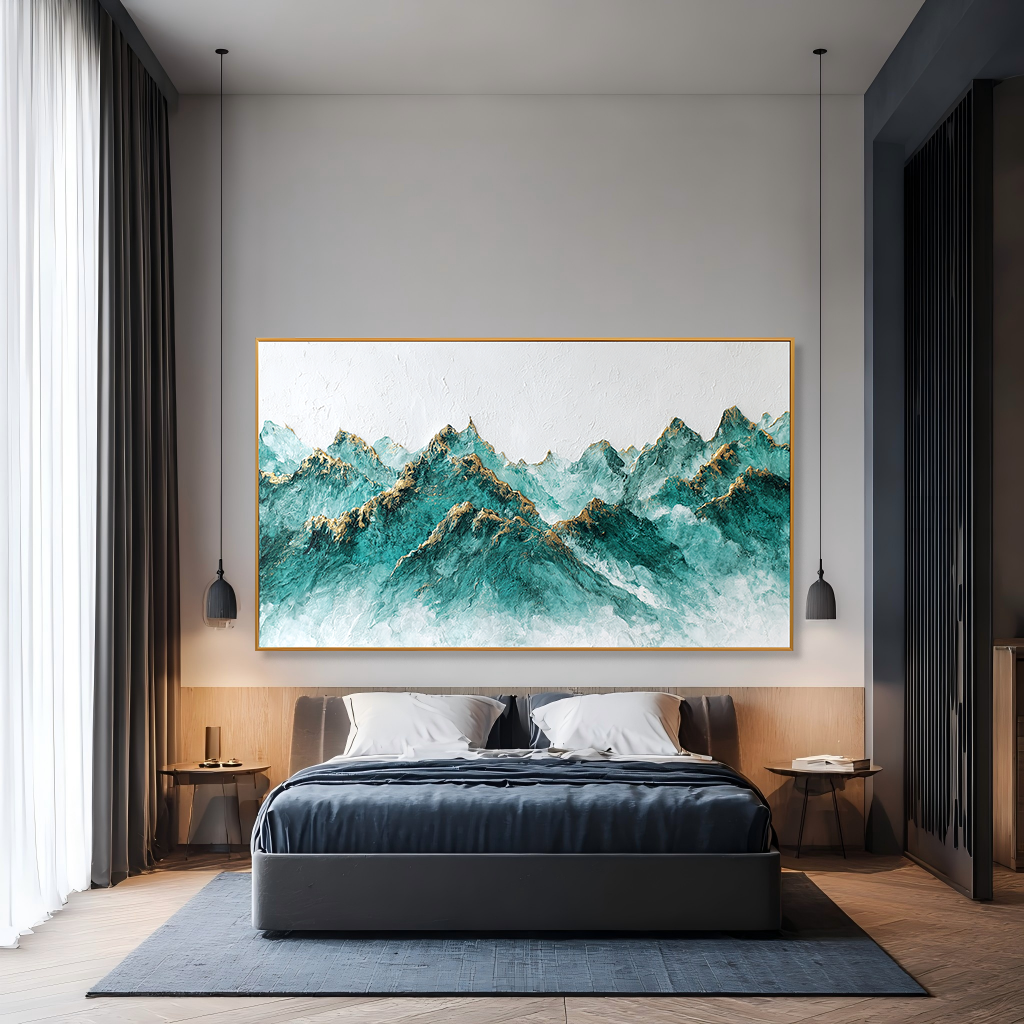 Celestial Peaks – Panoramic Textured Mountain Oil Painting#AB14312