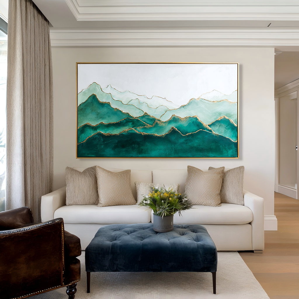 Verdant Echo – Panoramic Textured Mountain Oil Painting#AB14313