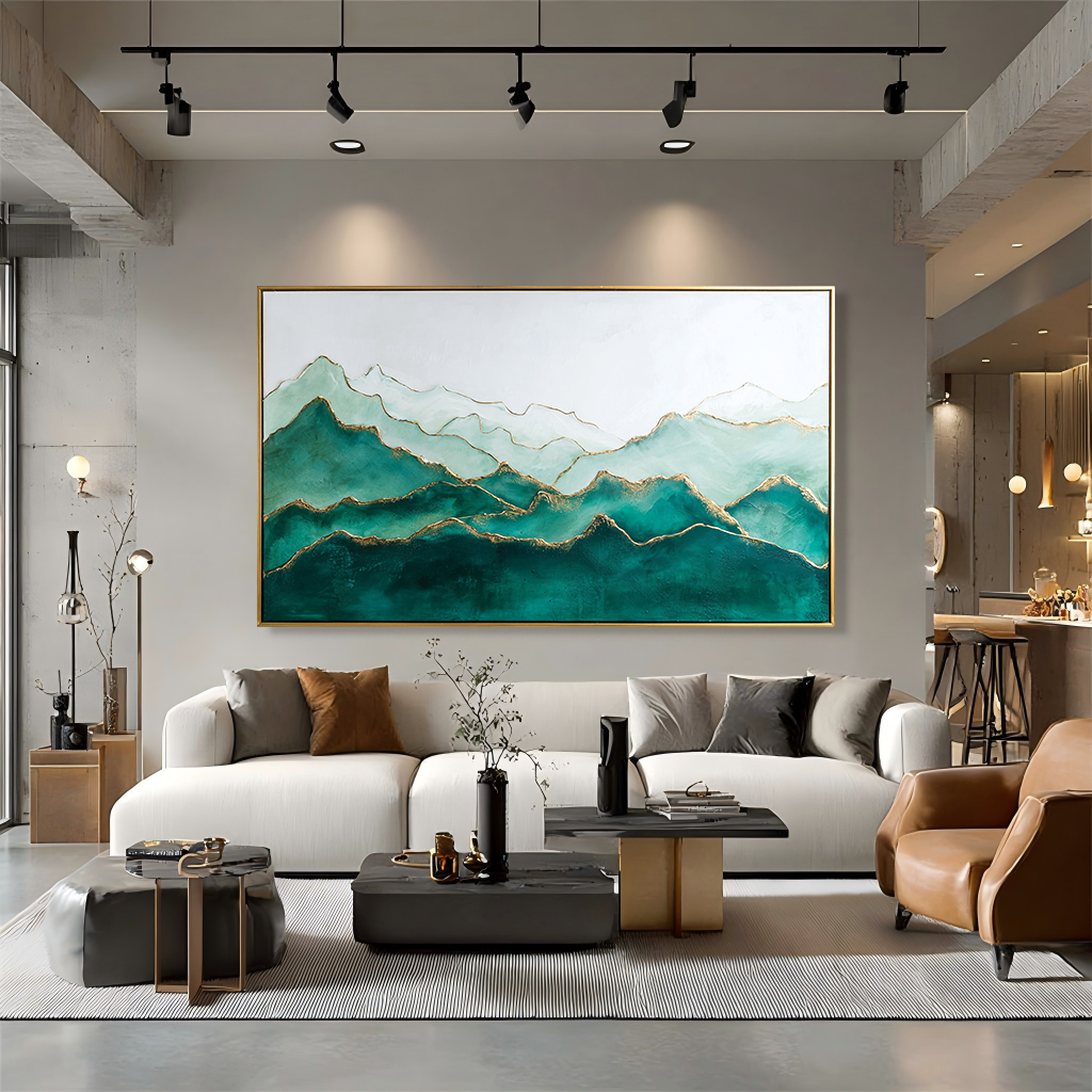 Verdant Echo – Panoramic Textured Mountain Oil Painting#AB14313