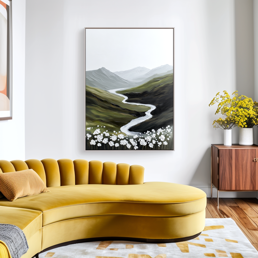 Whispering Valley Bloom – Minimalist Floral Mountain Oil Painting#wp260317