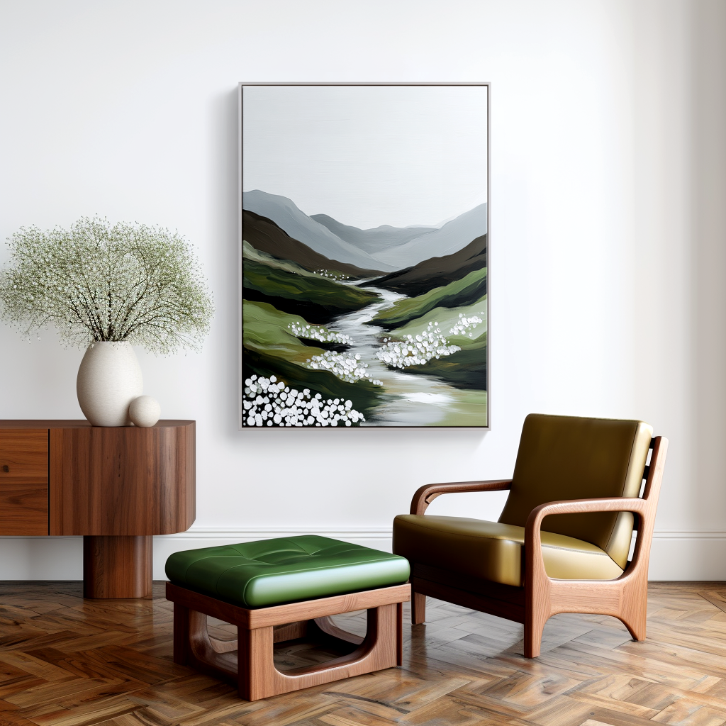 Quiet Valley Flow – Minimalist River Landscape Oil Painting#wp260319