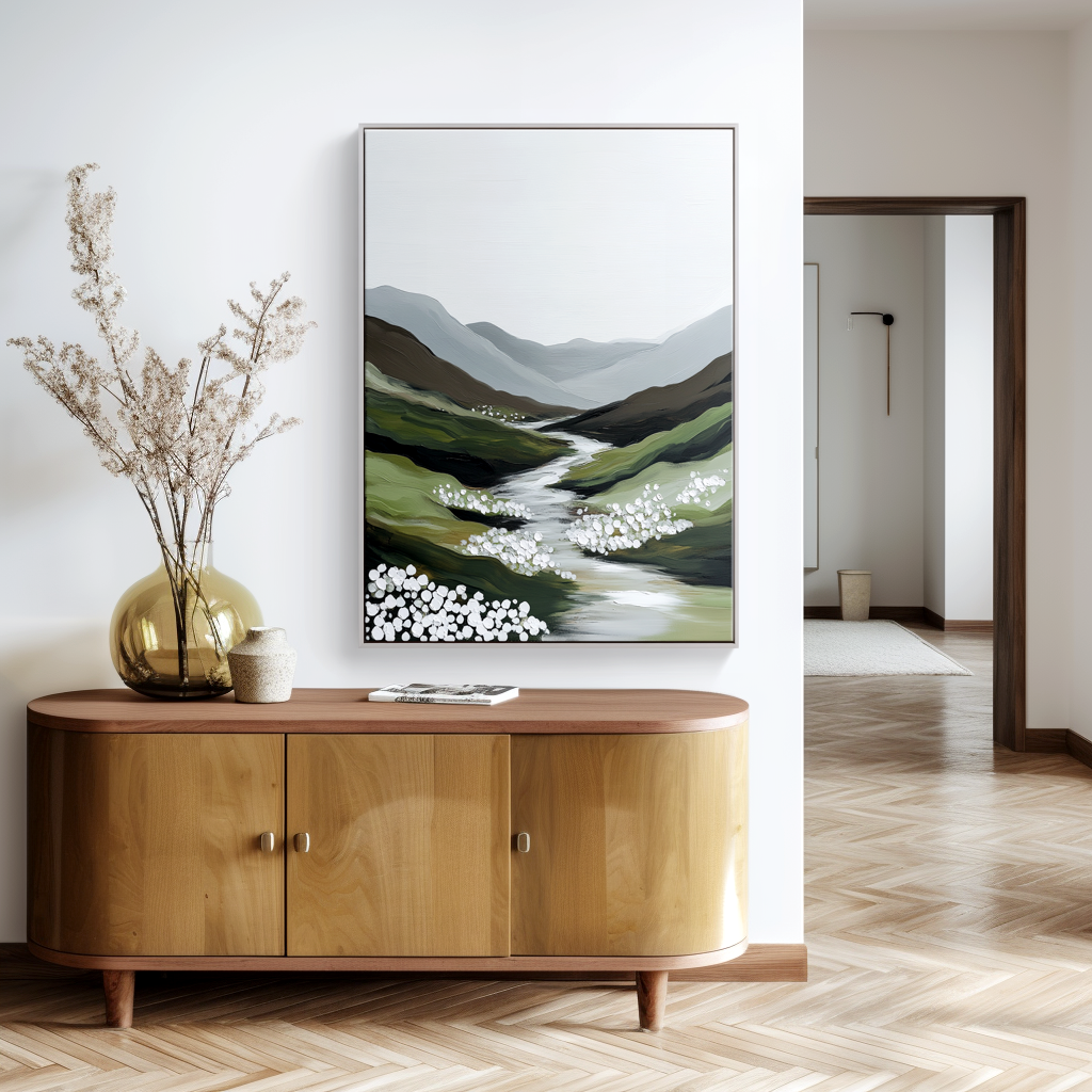 Quiet Valley Flow – Minimalist River Landscape Oil Painting#wp260319