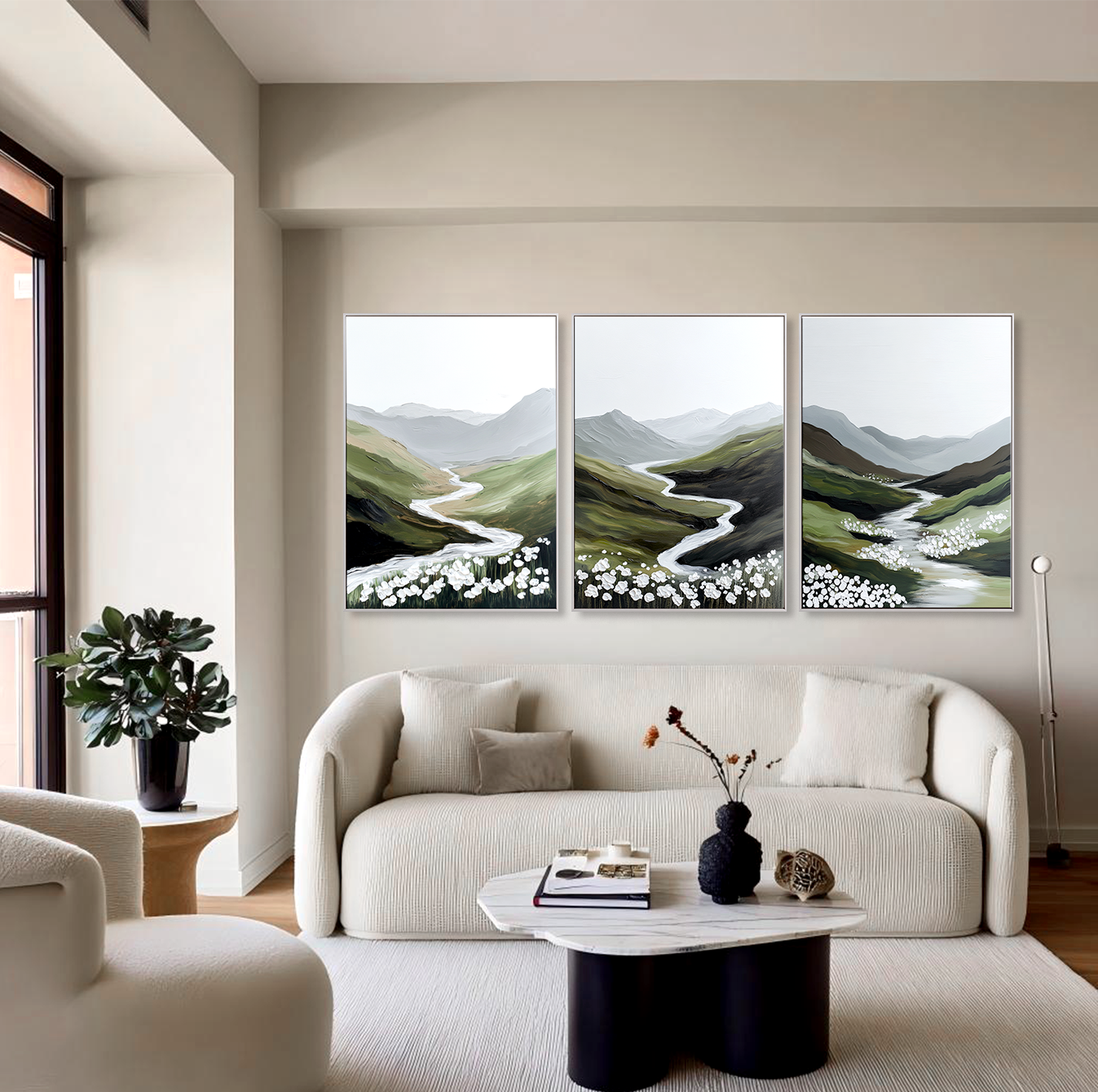 Whispering Meadow River – Textured Landscape Wall Art Set of 3#wp260320