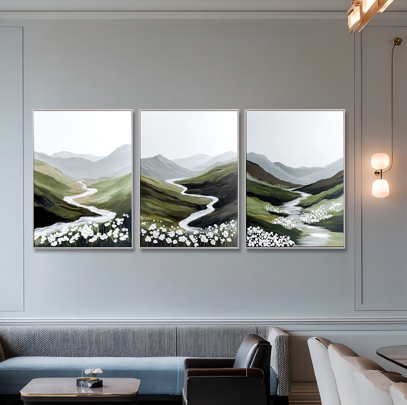 Whispering Meadow River – Textured Landscape Wall Art Set of 3#wp260320