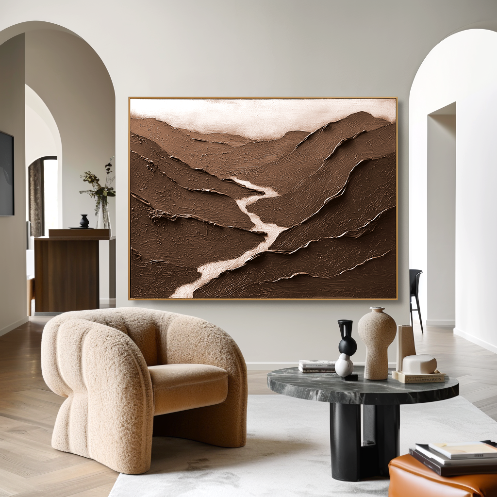 Silent Ridge Flow – Textured Brown Minimalist Landscape Oil Painting#wp260322