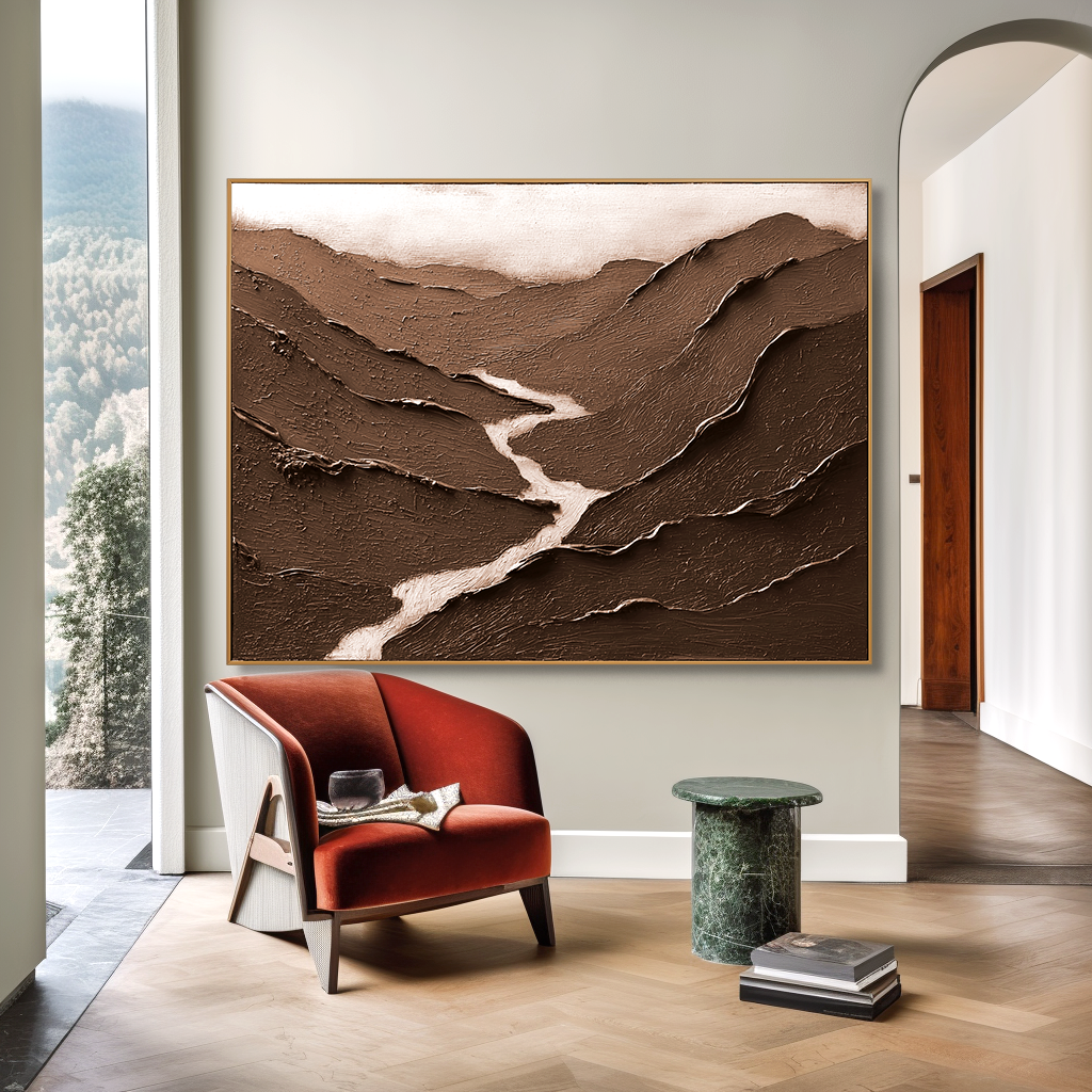 Silent Ridge Flow – Textured Brown Minimalist Landscape Oil Painting#wp260322