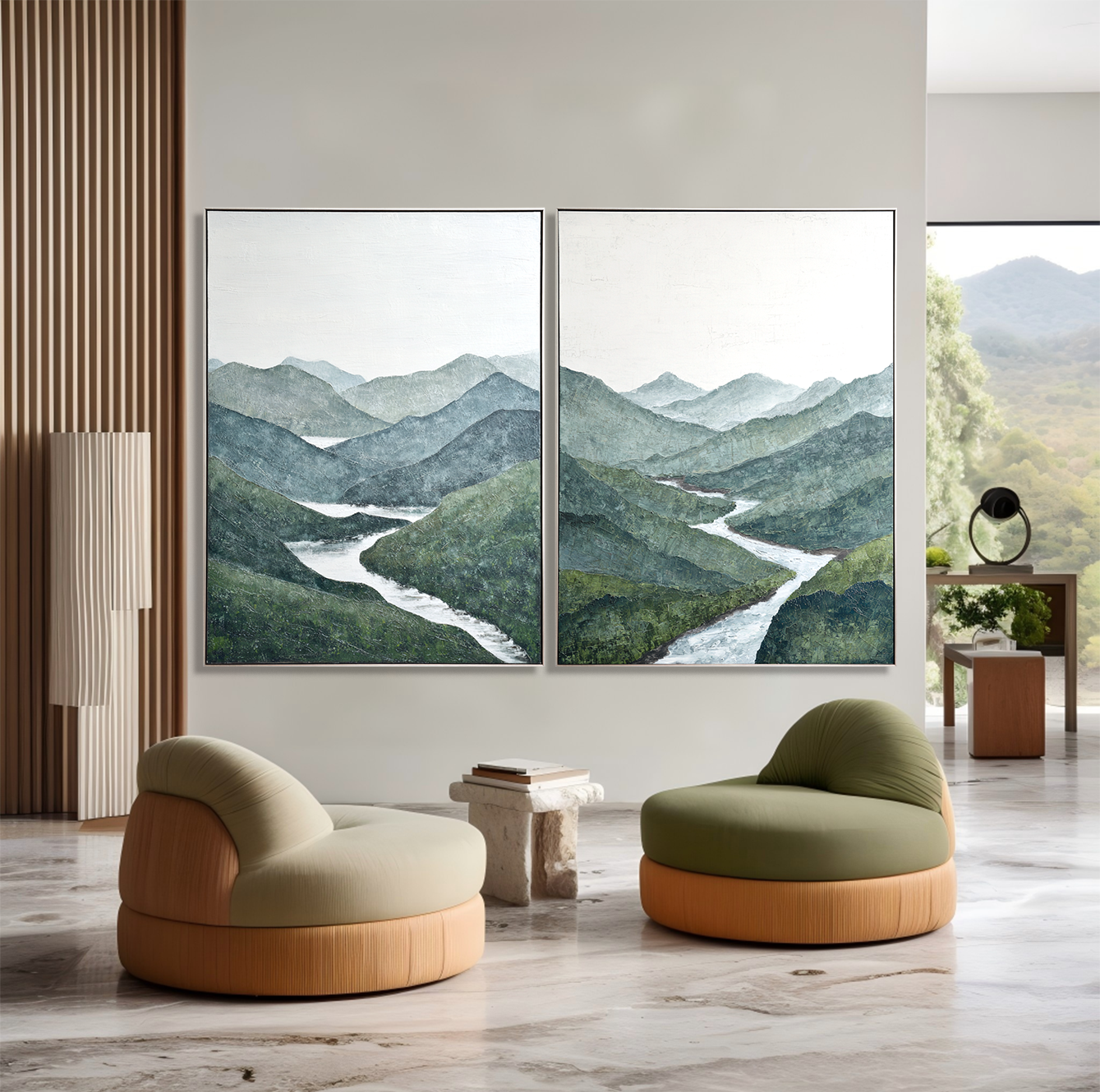 Emerald Valley – Textured Mountain Landscape Wall Art Diptych#abwp260344