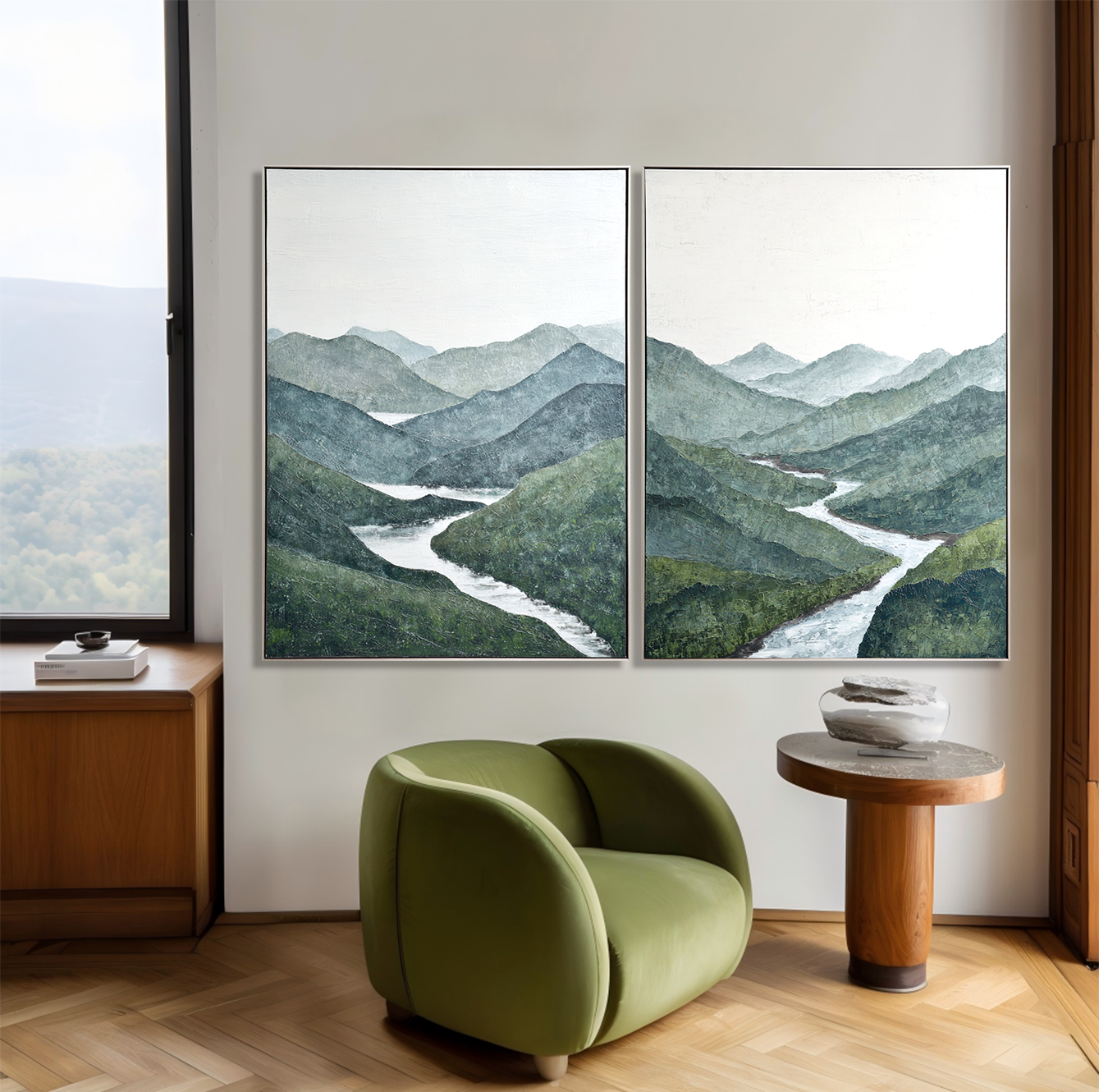 Emerald Valley – Textured Mountain Landscape Wall Art Diptych#abwp260344