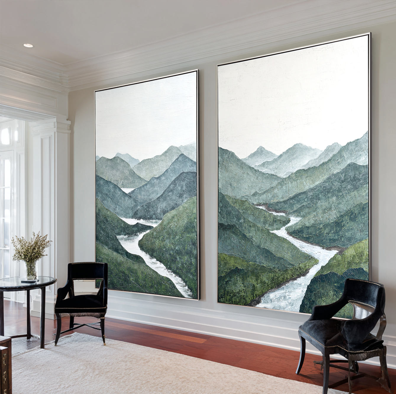 Emerald Valley – Textured Mountain Landscape Wall Art Diptych#abwp260344