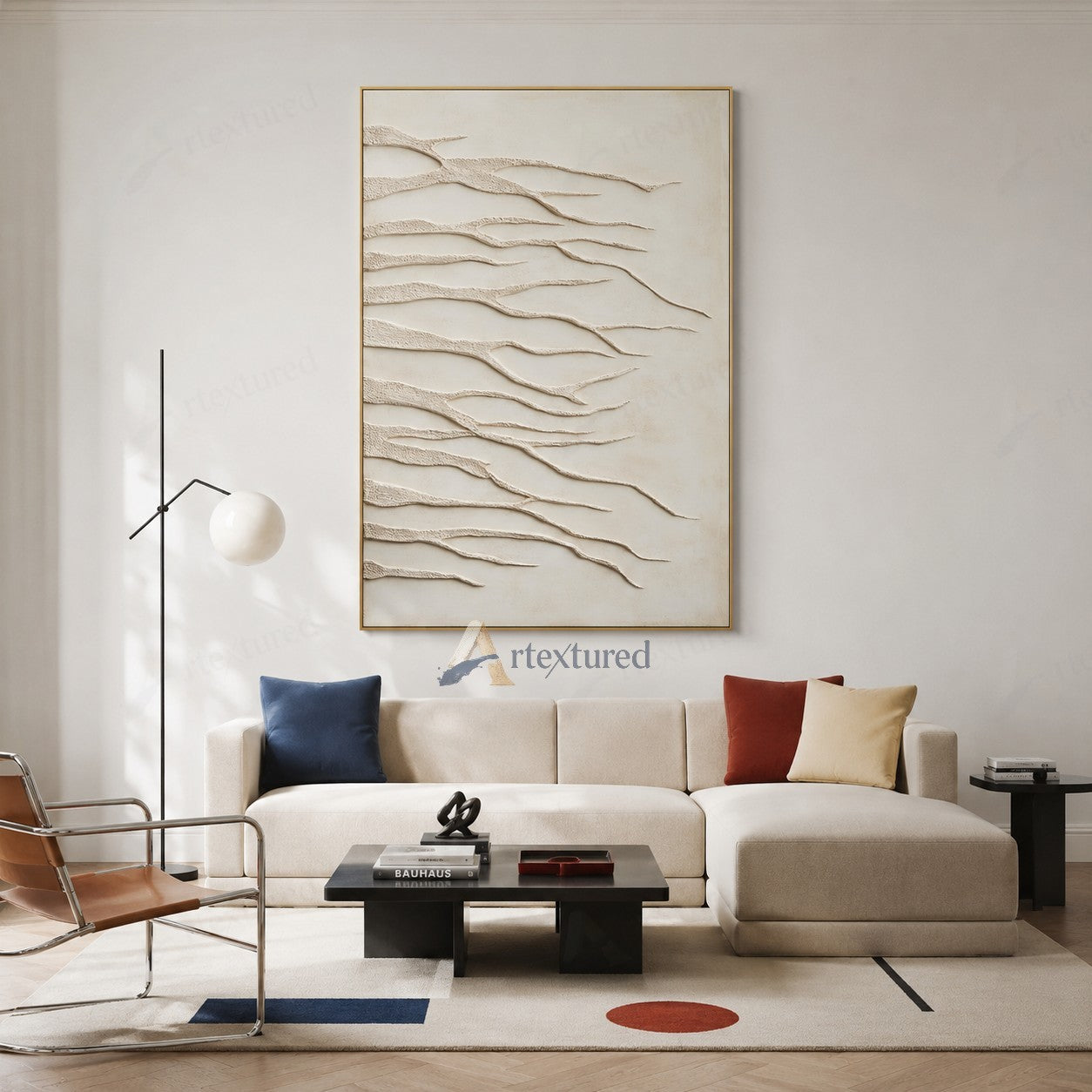 Minimalist Ivory Branch Textured Wall Art – Hand-Painted Abstract Canvas#XW12002