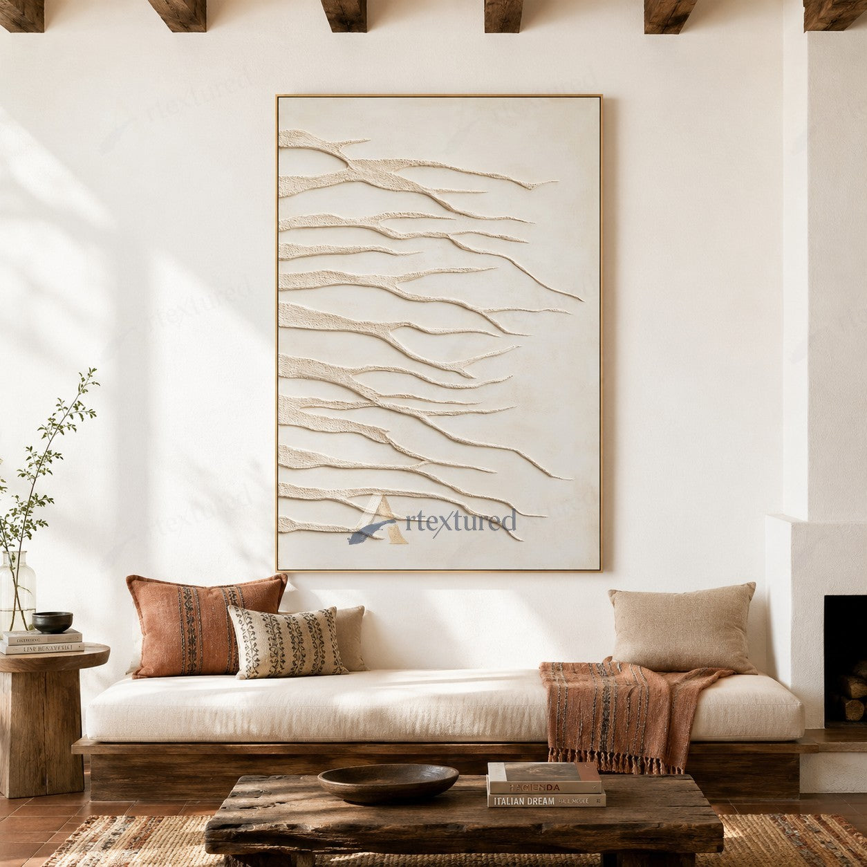 Minimalist Ivory Branch Textured Wall Art – Hand-Painted Abstract Canvas#XW12002