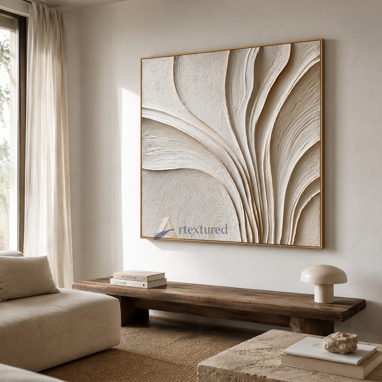 Minimalist Ivory Textured Wall Art – Hand-Painted Square Abstract Canvas#XW12003
