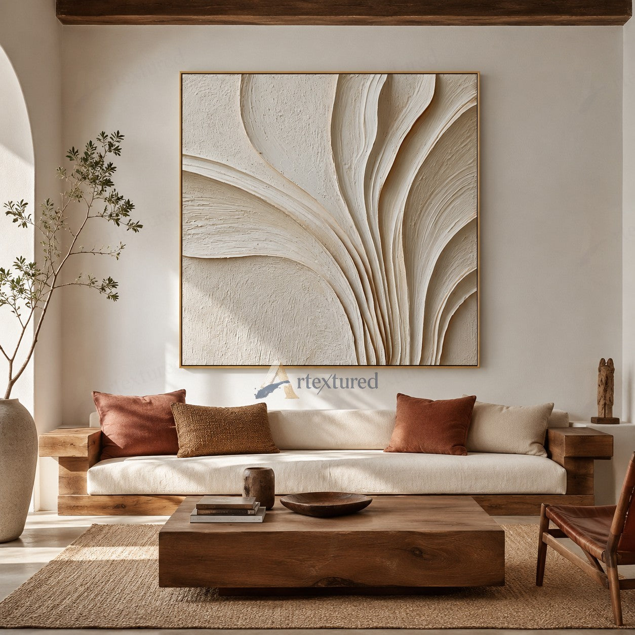Minimalist Ivory Textured Wall Art – Hand-Painted Square Abstract Canvas#XW12003