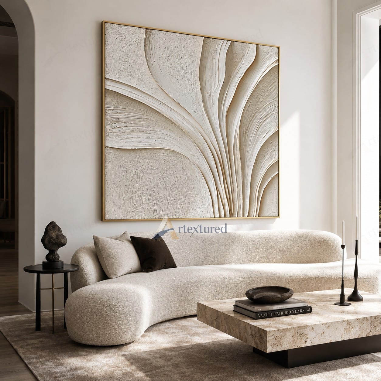 Minimalist Ivory Textured Wall Art – Hand-Painted Square Abstract Canvas#XW12003