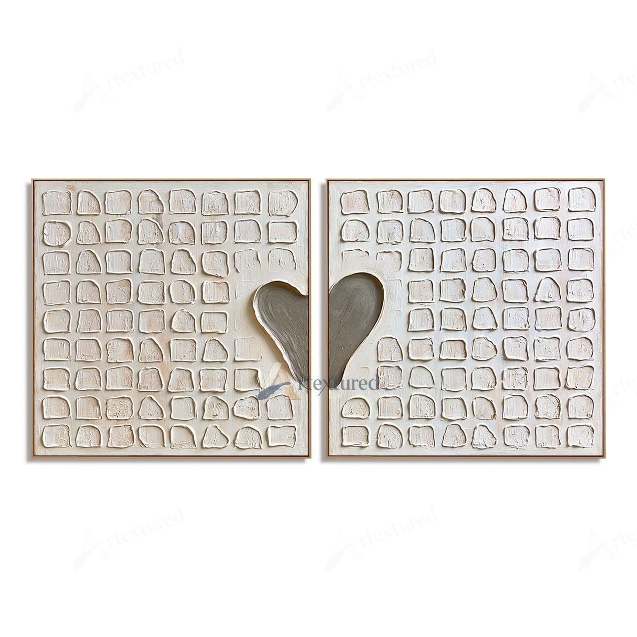 Minimalist Heart Diptych Textured Wall Art – Hand-Painted Square Canvas#XW12005