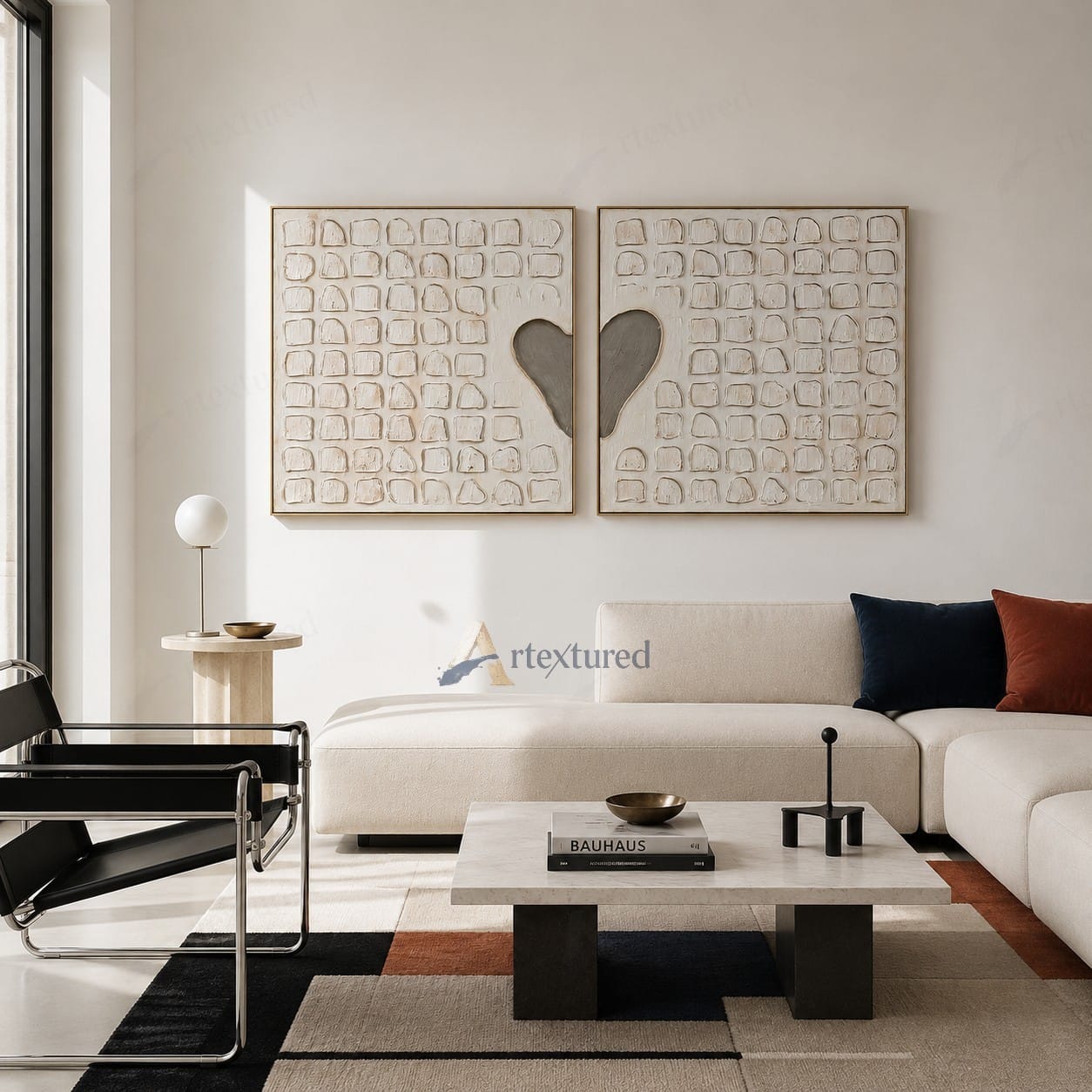 Minimalist Heart Diptych Textured Wall Art – Hand-Painted Square Canvas#XW12005