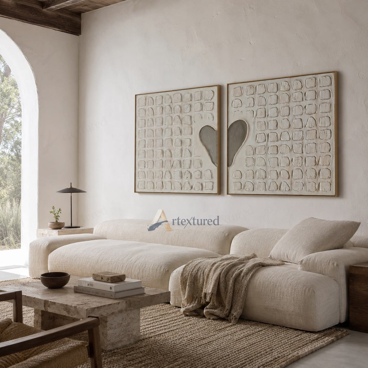 Minimalist Heart Diptych Textured Wall Art – Hand-Painted Square Canvas#XW12005