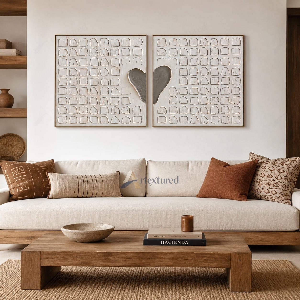 Minimalist Heart Diptych Textured Wall Art – Hand-Painted Square Canvas#XW12005