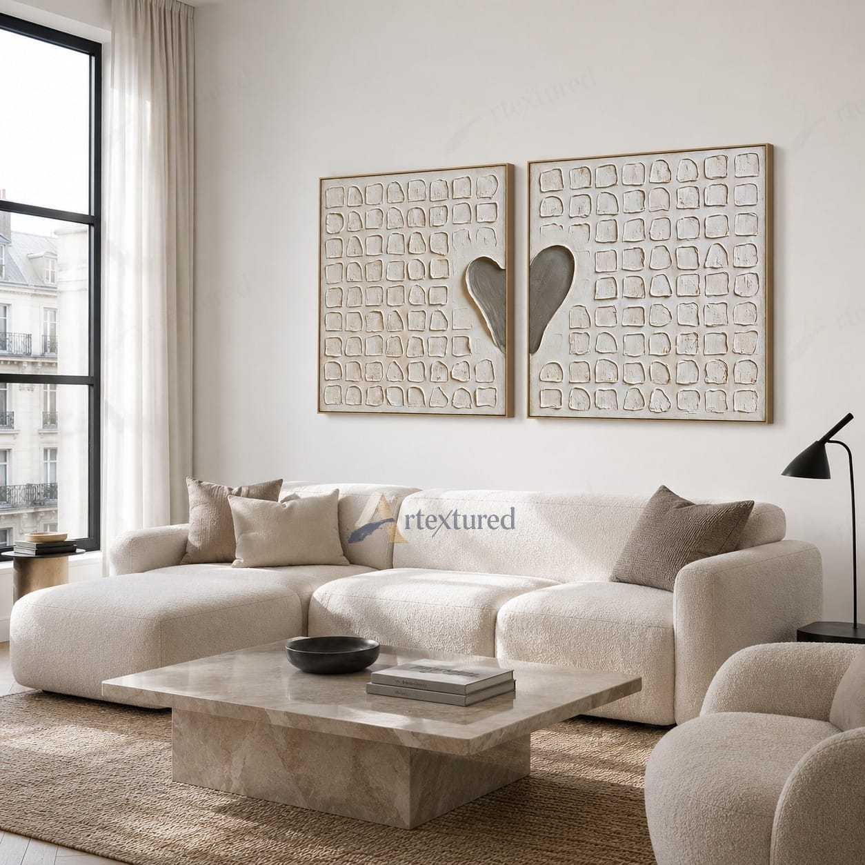 Minimalist Heart Diptych Textured Wall Art – Hand-Painted Square Canvas#XW12005