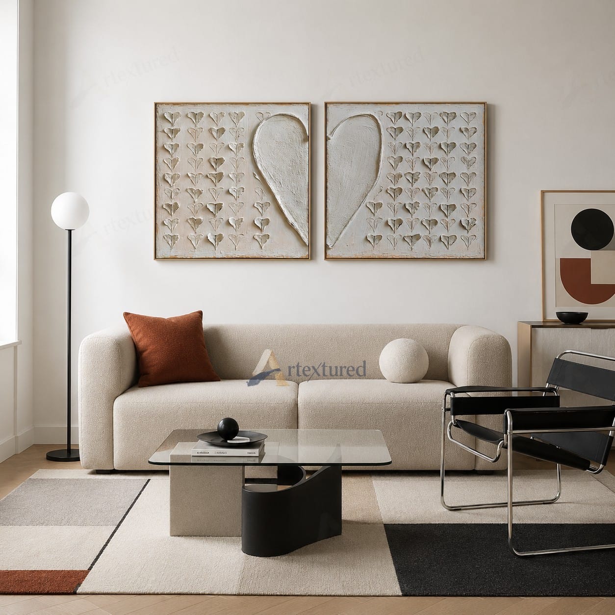 Minimalist Heart Diptych Textured Wall Art – Hand-Painted Square Canvas#XW12006
