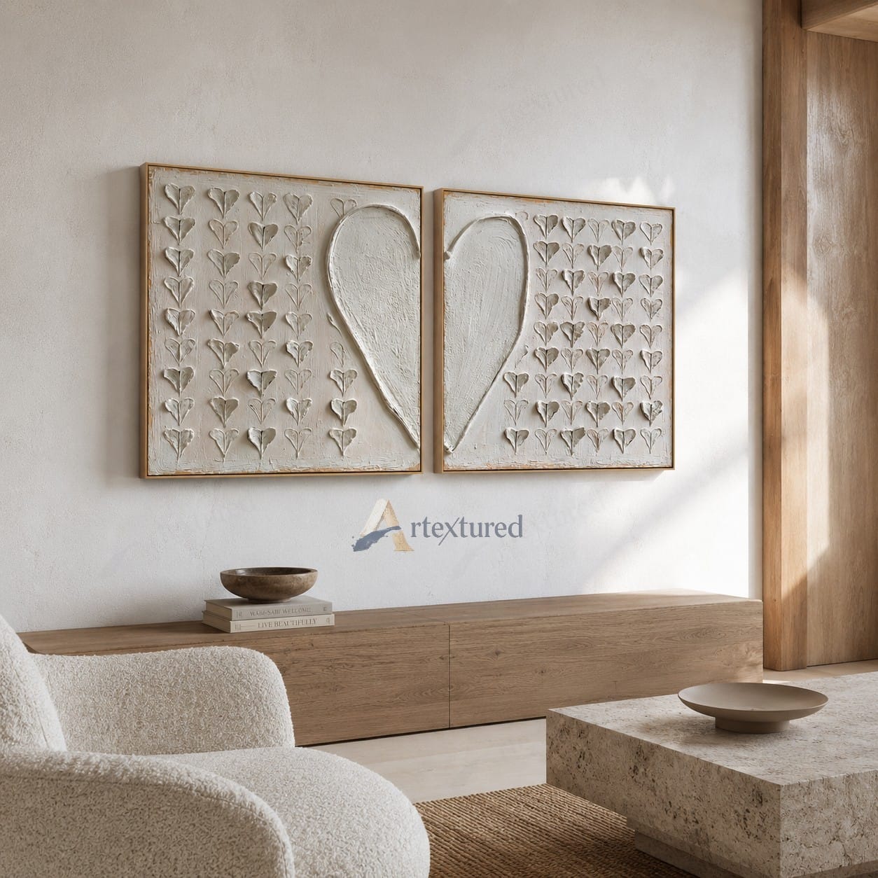 Minimalist Heart Diptych Textured Wall Art – Hand-Painted Square Canvas#XW12006